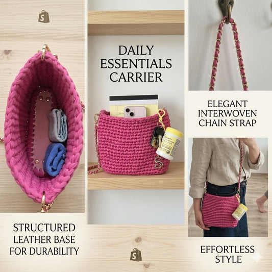 Hand-Crochet Rose Quartz Crossbody Bag with Gold Chain Strap
